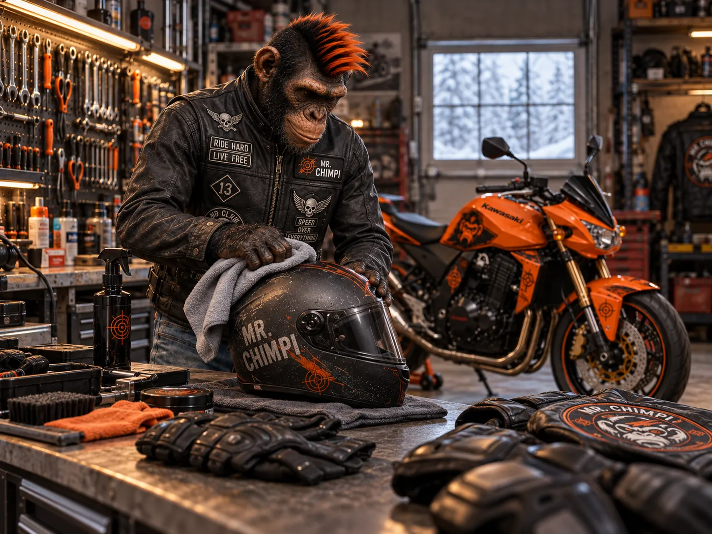 Mr. Chimpi čistí svou moto helmu