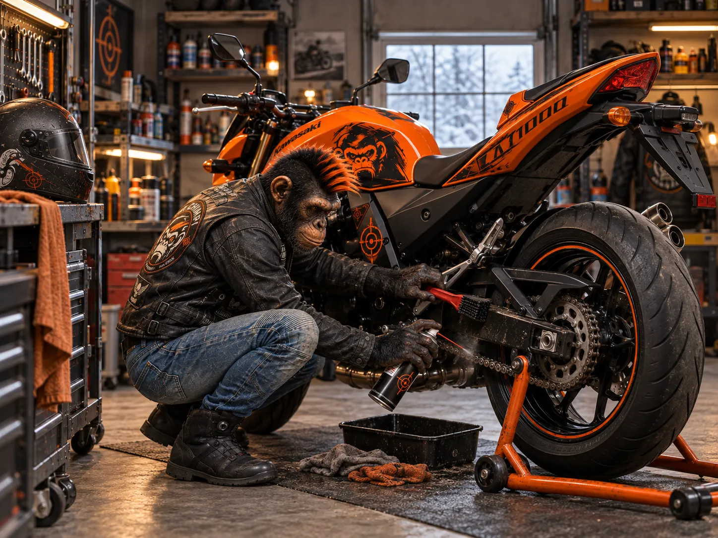 Mr. Chimpi čistí řetěz motocyklu