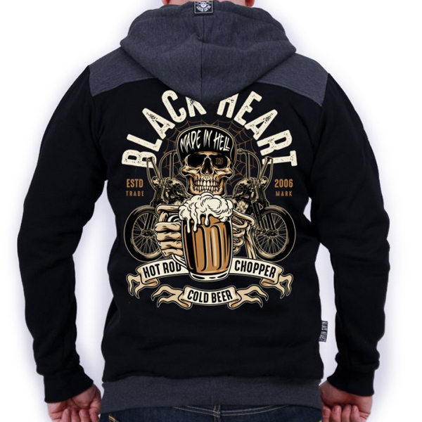 Moto oblečení - Mikina s kapucí pánská BLACK HEART Beer Biker Zipper