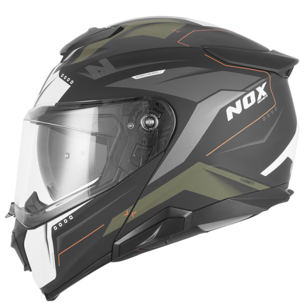 Moto oblečení - Helma NOX N967 CONQUER černá matná/khaki/oranžová