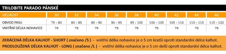 Tabulka velikostí kevlarové rifle Trilobite Parado